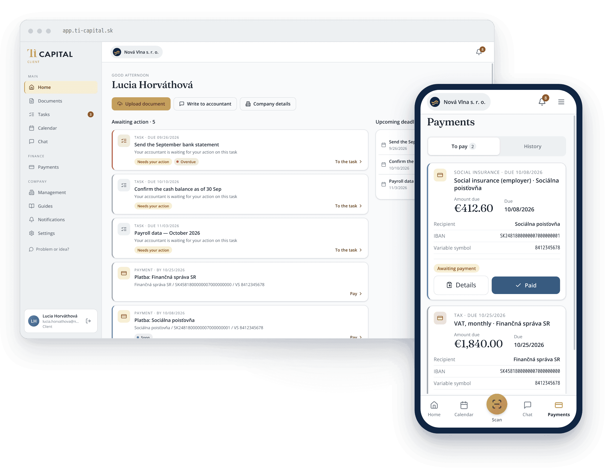 TI Capital client portal — on desktop and phone