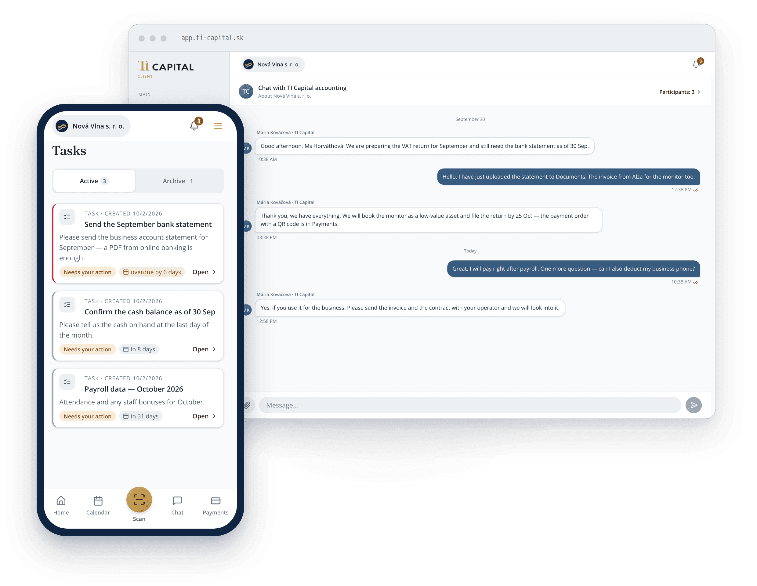 TI Capital client cabinet — chat with your accountant and tasks on the phone