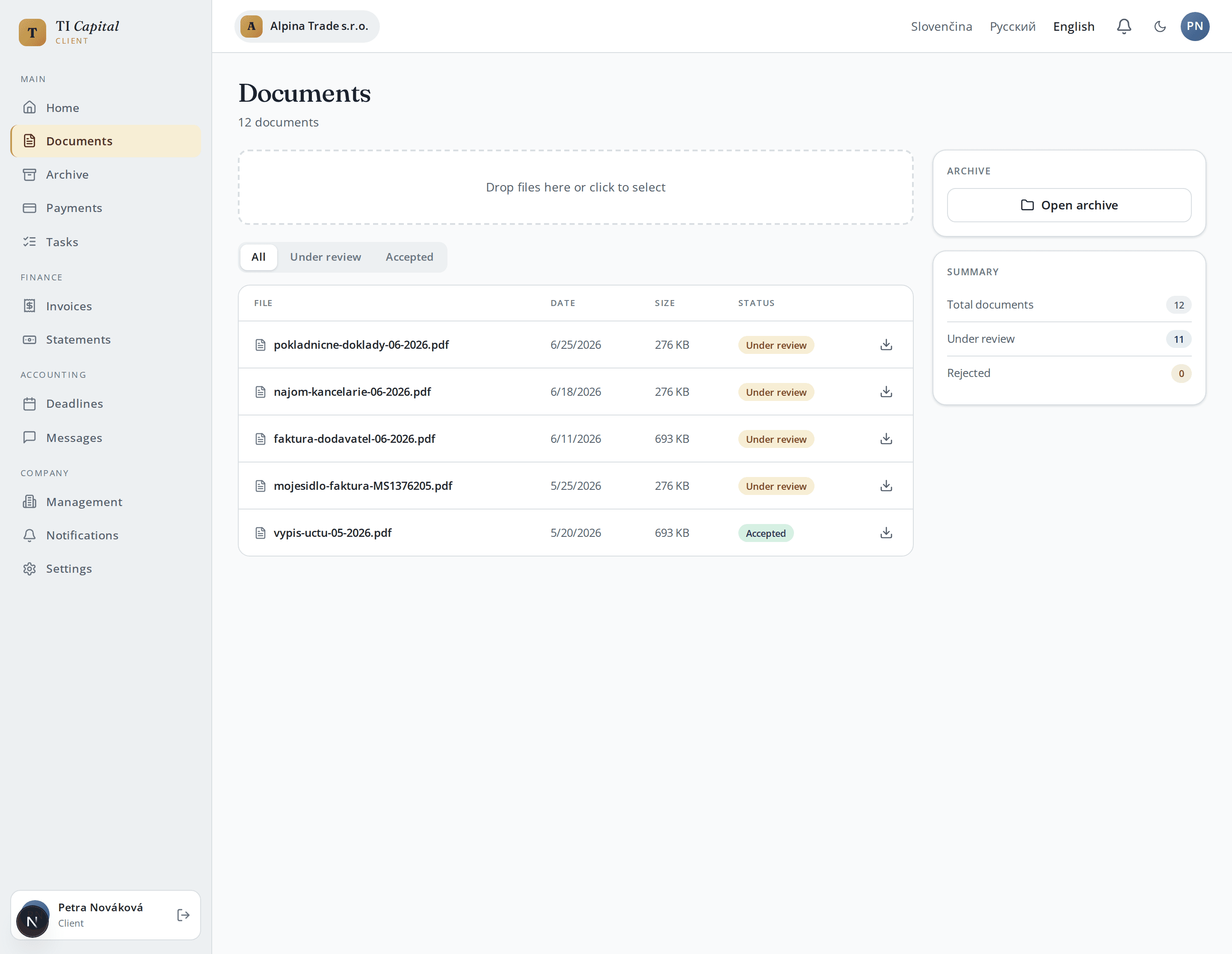 TI Capital client portal — documents overview